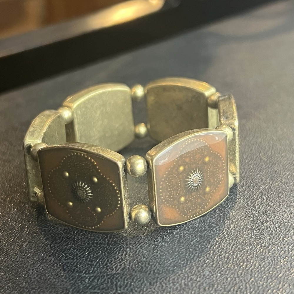 Vtg ART DECO Treasure   BRONZE‎ Copper Resin Insets  Stretch Bracelet